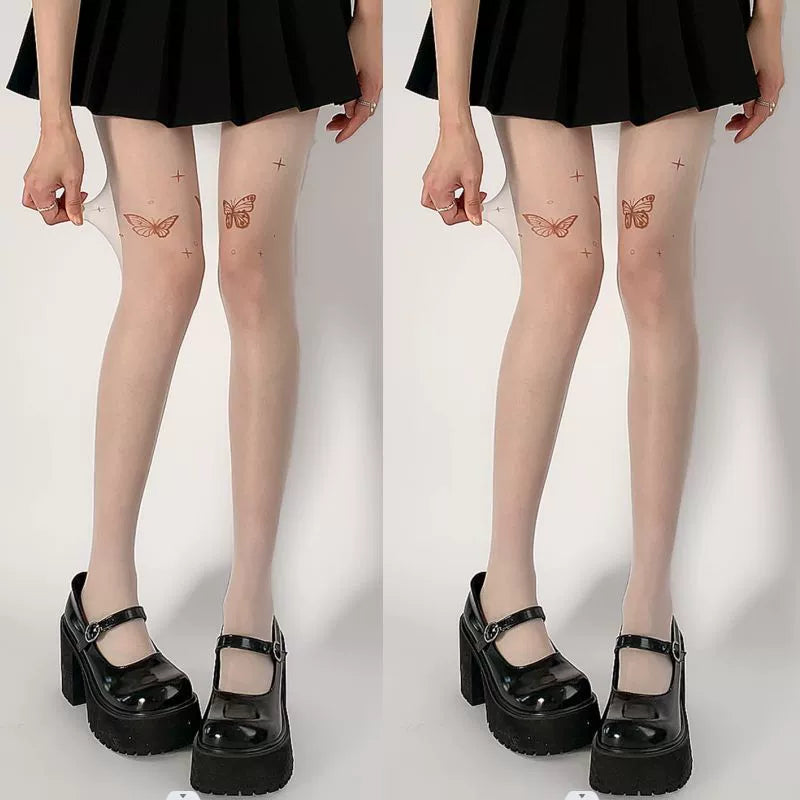Sexy Black Thin Butterfly Stockings Print Imitation Tattoo Black Stockings Beautiful Legs Pure Lust Women's Pantyhose White Stockings
