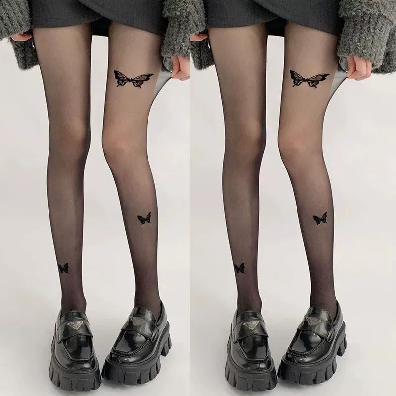 Sexy Black Thin Butterfly Stockings Print Imitation Tattoo Black Stockings Beautiful Legs Pure Lust Women's Pantyhose White Stockings