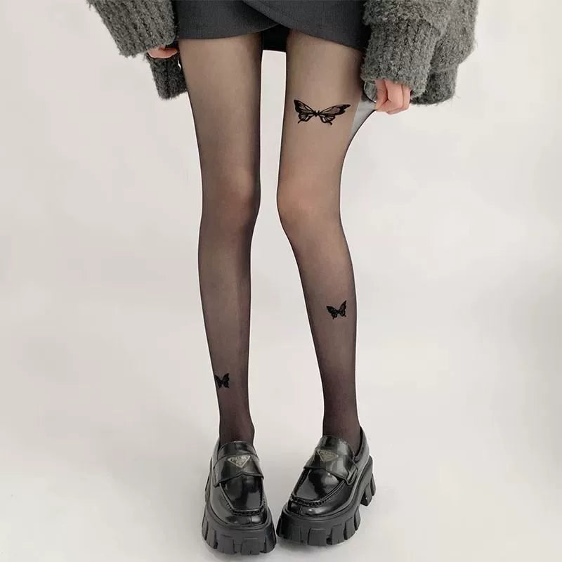Sexy Black Thin Butterfly Stockings Print Imitation Tattoo Black Stockings Beautiful Legs Pure Lust Women's Pantyhose White Stockings