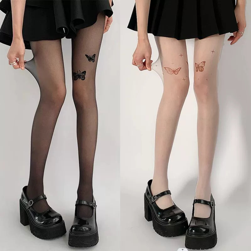 Sexy Black Thin Butterfly Stockings Print Imitation Tattoo Black Stockings Beautiful Legs Pure Lust Women's Pantyhose White Stockings