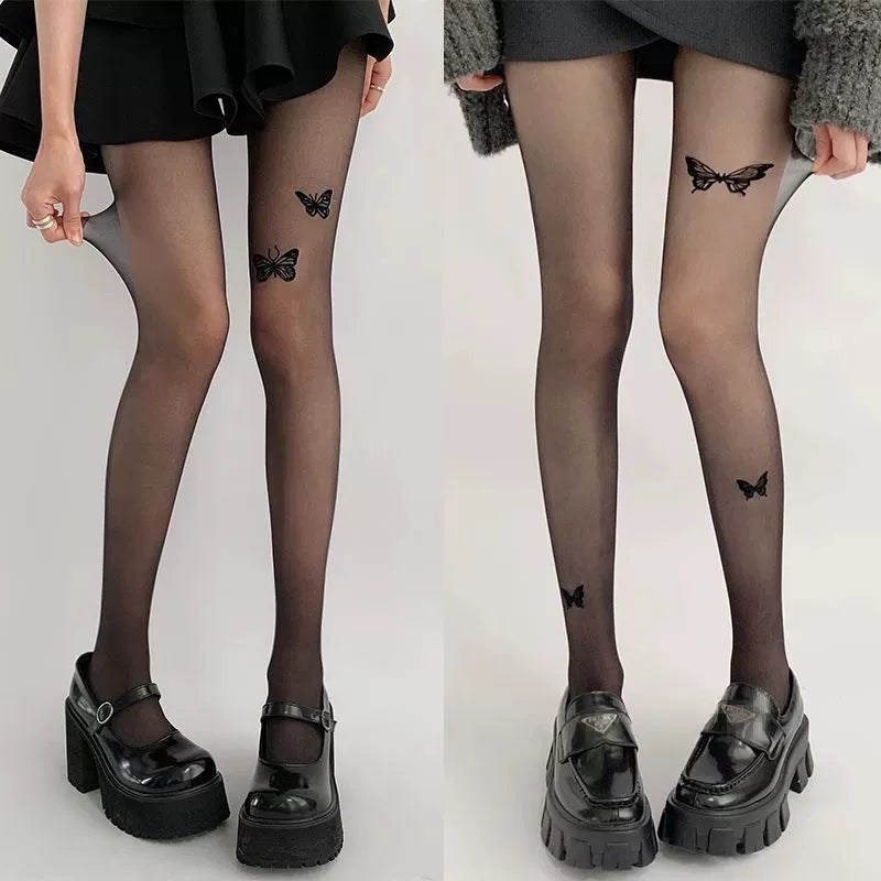 Sexy Black Thin Butterfly Stockings Print Imitation Tattoo Black Stockings Beautiful Legs Pure Lust Women's Pantyhose White Stockings