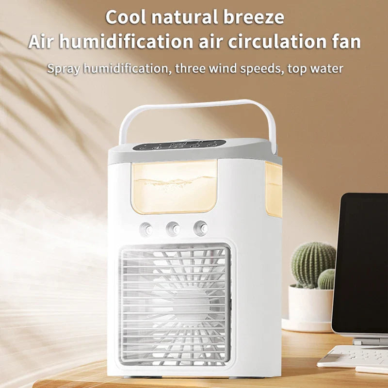 New mini portable three spray household humidifier fan, USB spray fan, LED night light, air cooler, desktop air cooler