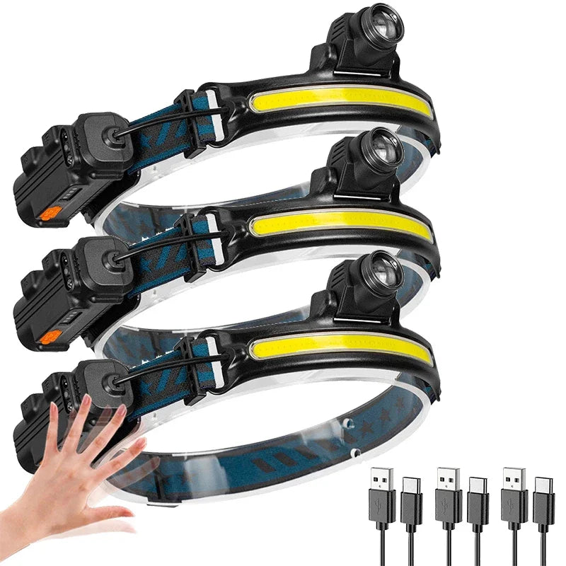 Zoomable Induction Headlamp XPG+COB LED Head Lamp with Built-in Battery Flashlight USB Rechargeable 6 lighting Modes Head Torch