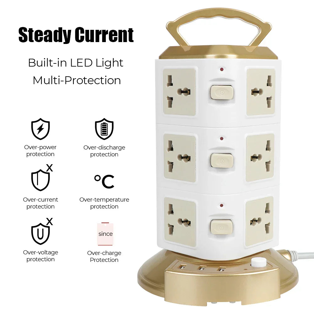 Overload Protector 2500W Tower Multi Power Strip EU US UK AU Universal Socket EU Plug With 3 USB Vertical 12 Way Outlets