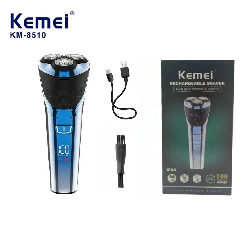 Kemei KM-8510 Waterproof Rotary LED Display Rechargeable Cordless Floating Head Replaceable Blades Electric Shavers for Man