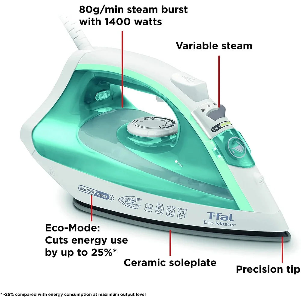 1400W Eco-Friendly Steam Iron with Ergonomic Trigger Ceramic Soleplate Anti-Drip Feature 80g Steam Boost Efficient Ironing